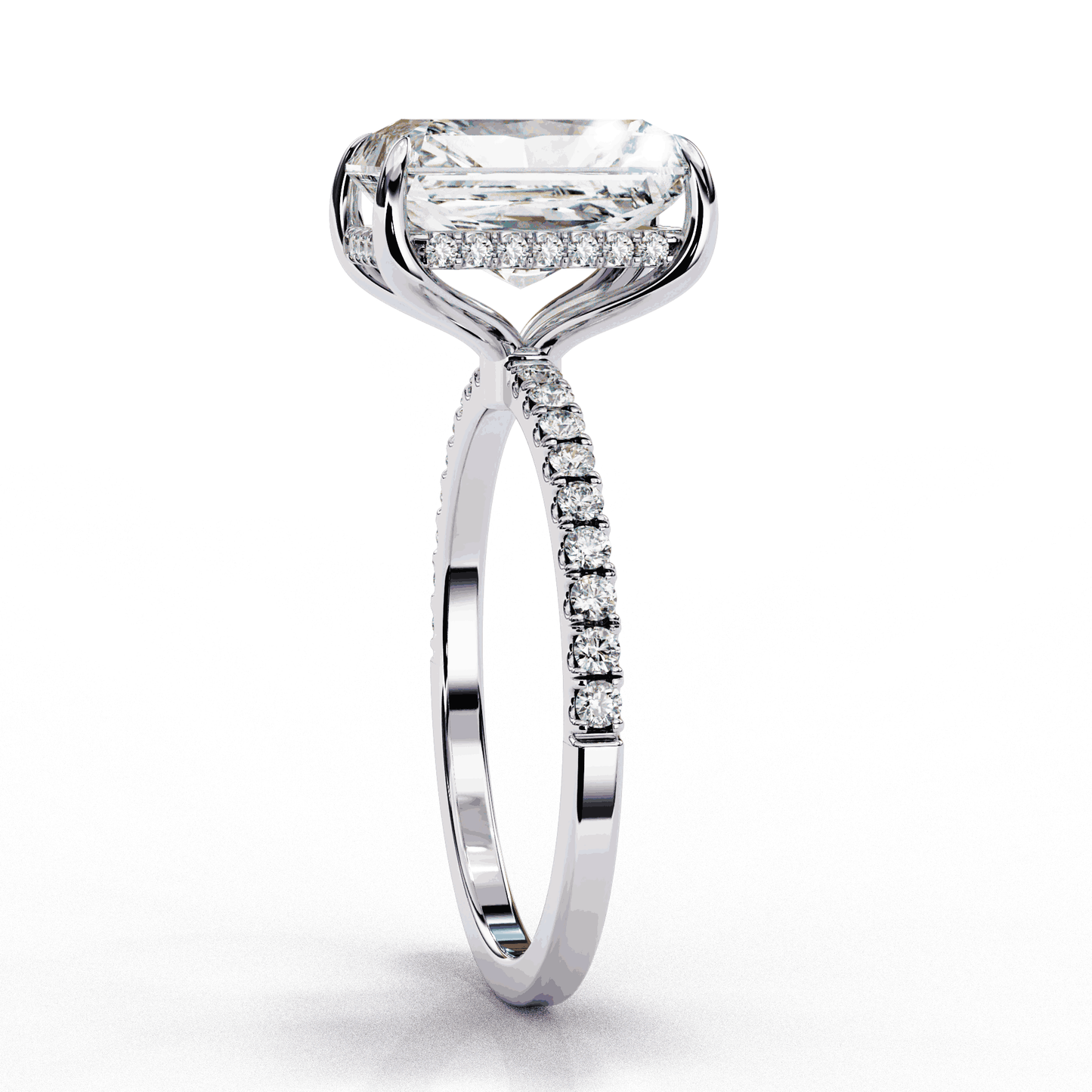 Radiant Cut Lab Grown Diamond Hidden Halo Ring with Pavé Band
