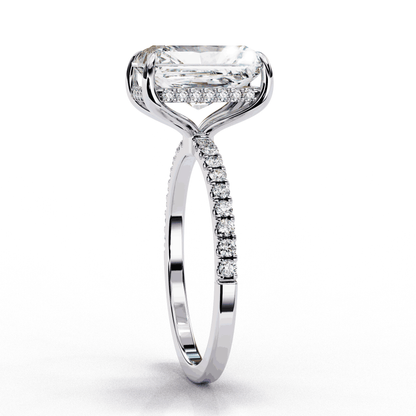 Radiant Cut Lab Grown Diamond Hidden Halo Ring with Pavé Band