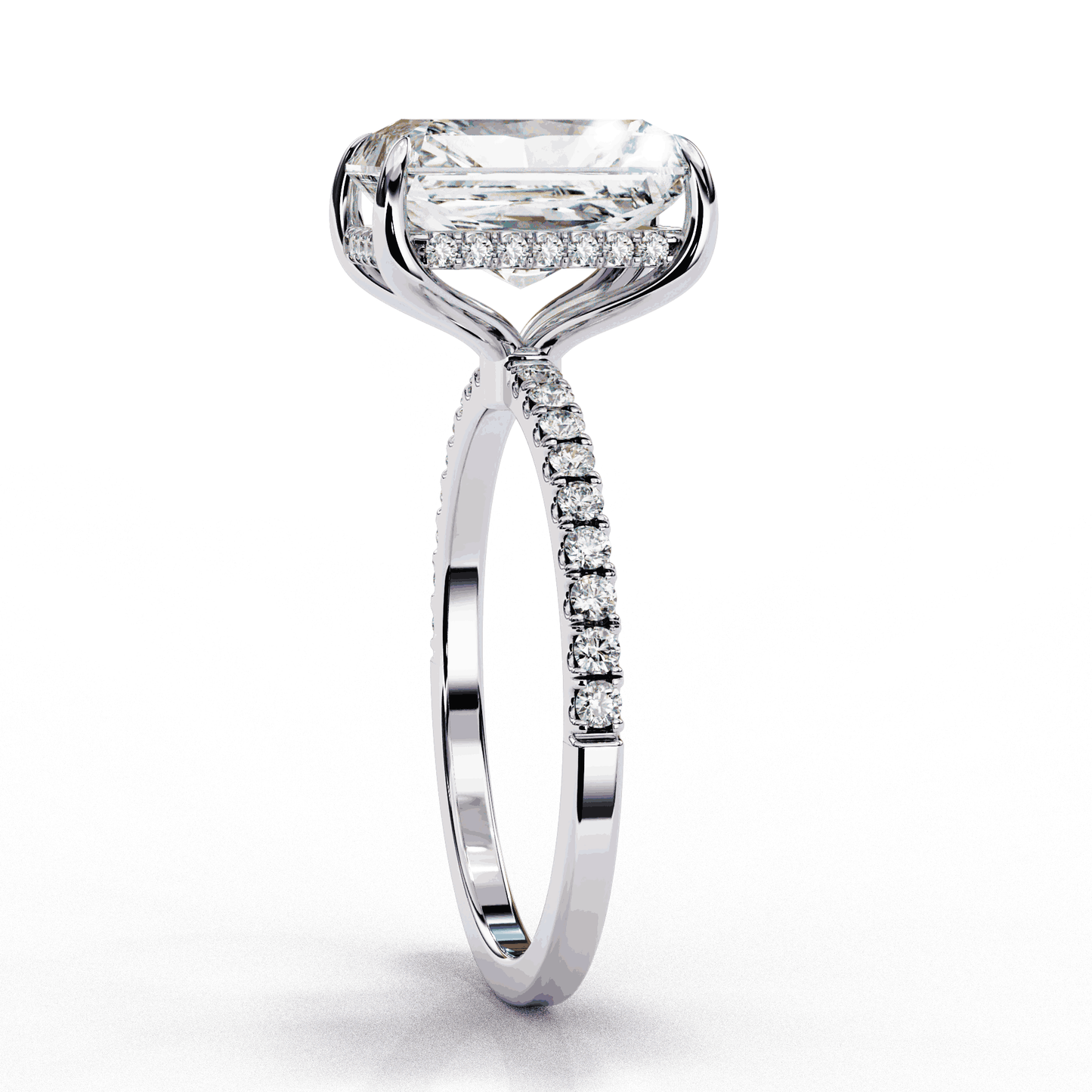 Radiant Cut Lab Grown Diamond Hidden Halo Engagement Ring | 14K White Gold Pavé Band