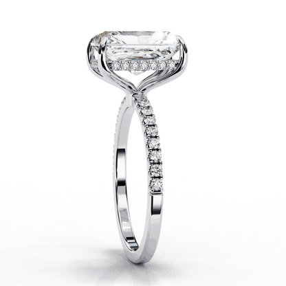 Radiant Cut Lab Grown Diamond Hidden Halo Engagement Ring | 14K White Gold Pavé Band