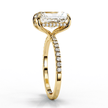 Radiant Cut Lab Grown Diamond Hidden Halo Engagement Ring | 14K White Gold Pavé Band