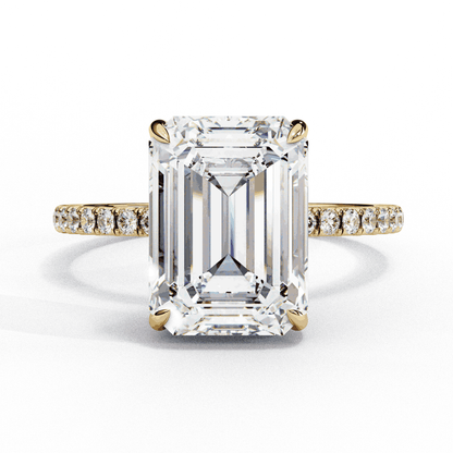 Emerald Cut Lab Grown Diamond Solitaire Engagement Ring with Hidden Halo and Pave Band