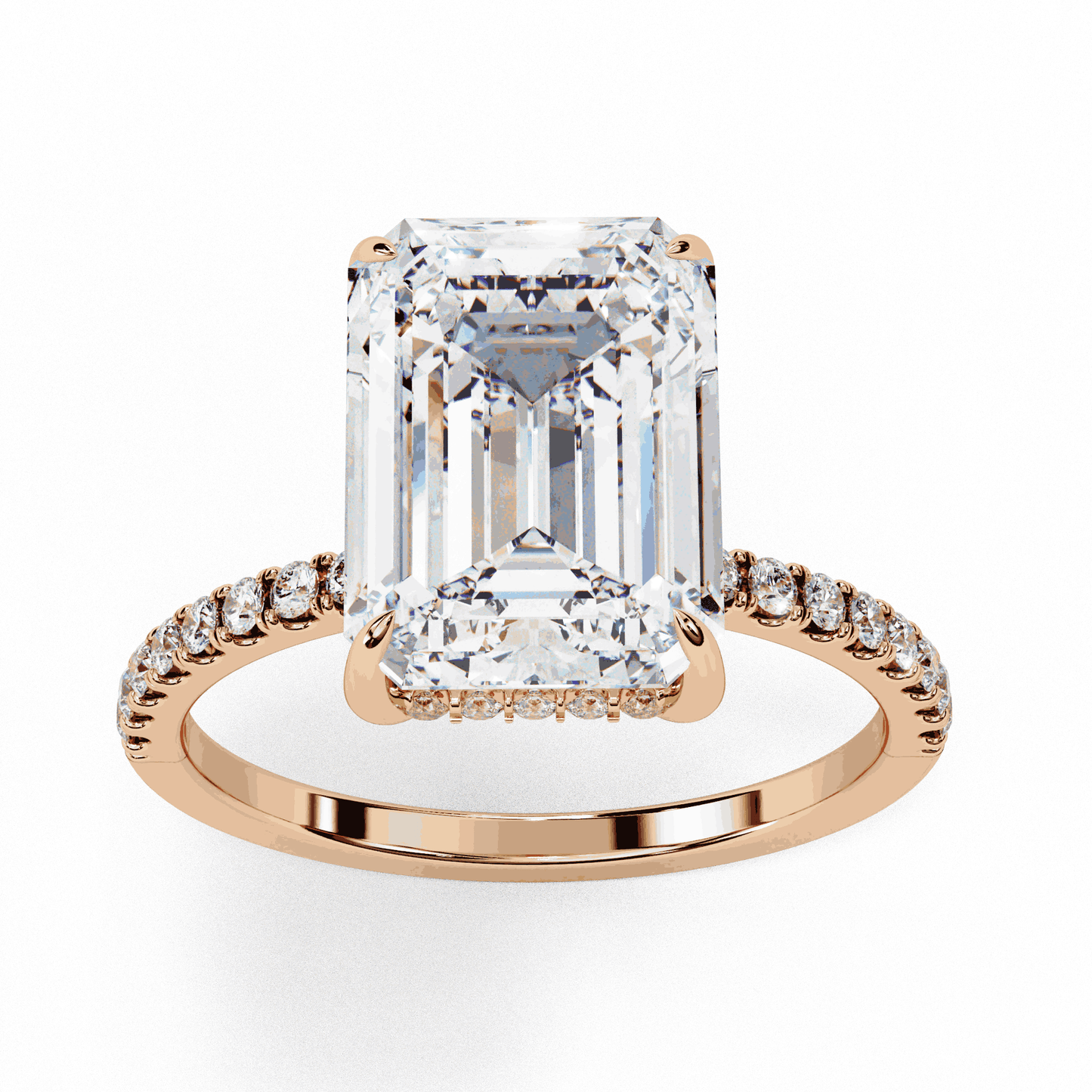 Emerald Cut Lab Grown Diamond Solitaire Engagement Ring with Hidden Halo and Pave Band
