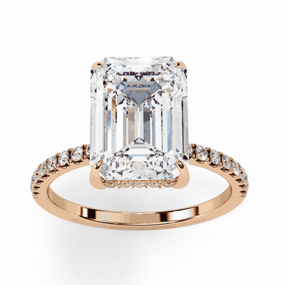 Emerald Cut Lab Grown Diamond Solitaire Engagement Ring with Hidden Halo and Pave Band
