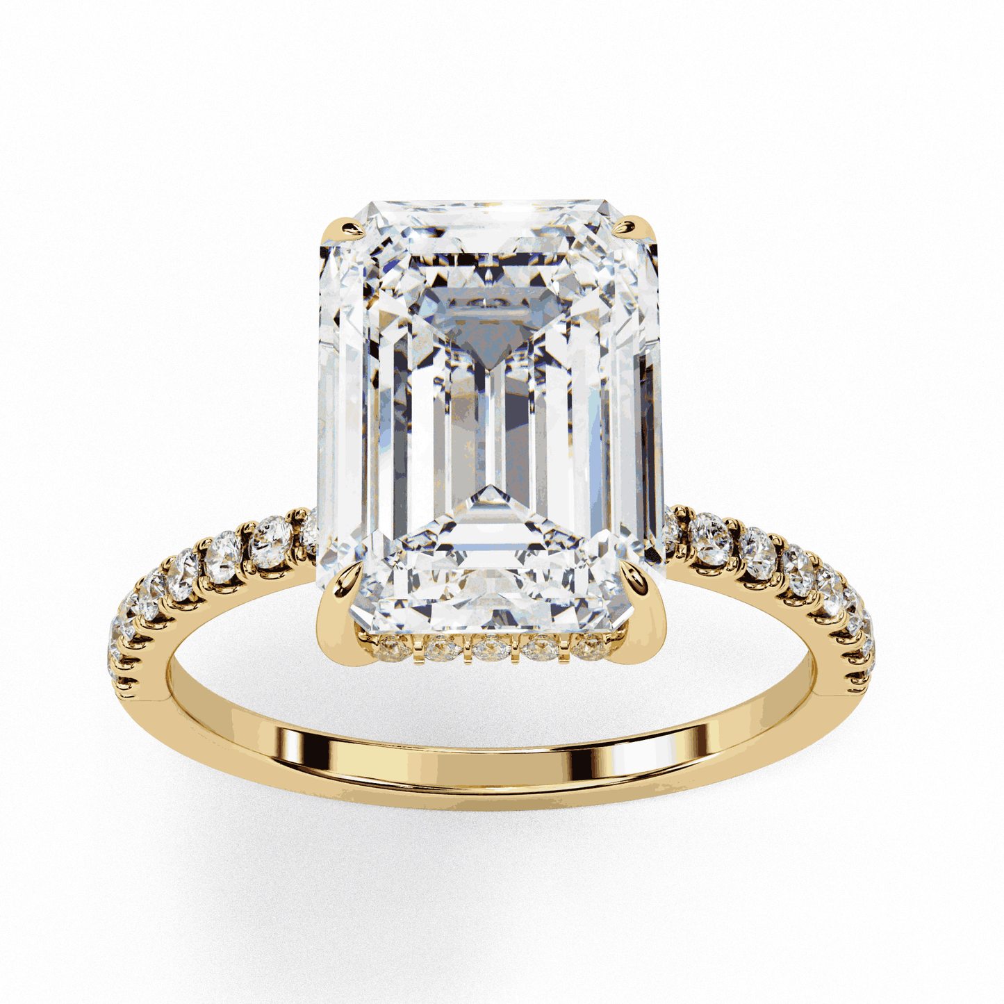 Emerald Cut Lab Grown Diamond Solitaire Engagement Ring with Hidden Halo and Pave Band