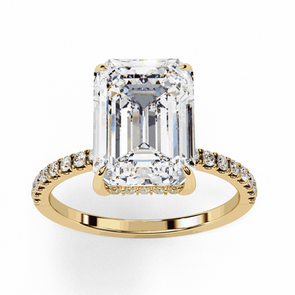 Emerald Cut Lab Grown Diamond Solitaire Engagement Ring with Hidden Halo and Pave Band