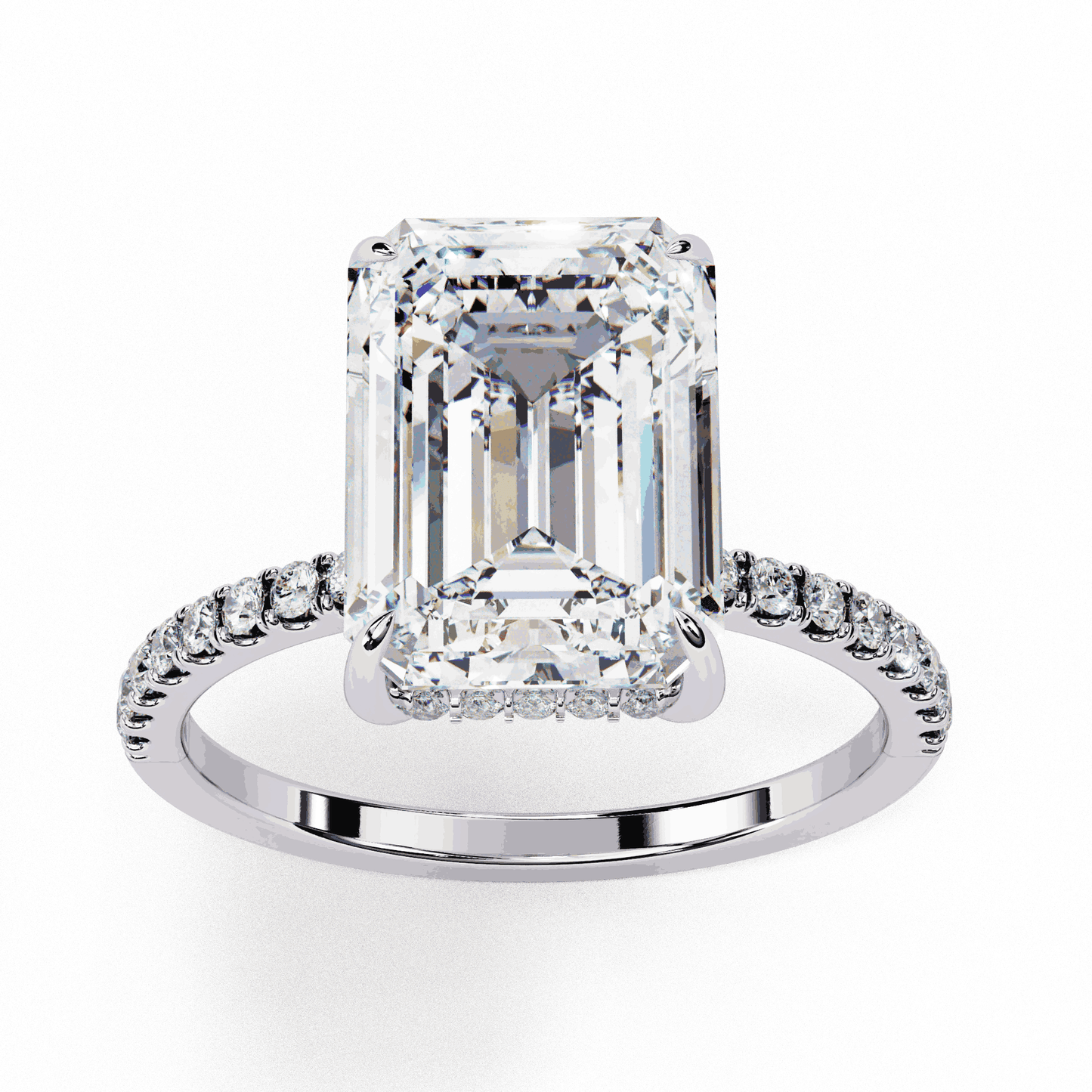 Emerald Cut Lab Grown Diamond Solitaire Engagement Ring with Hidden Halo and Pave Band