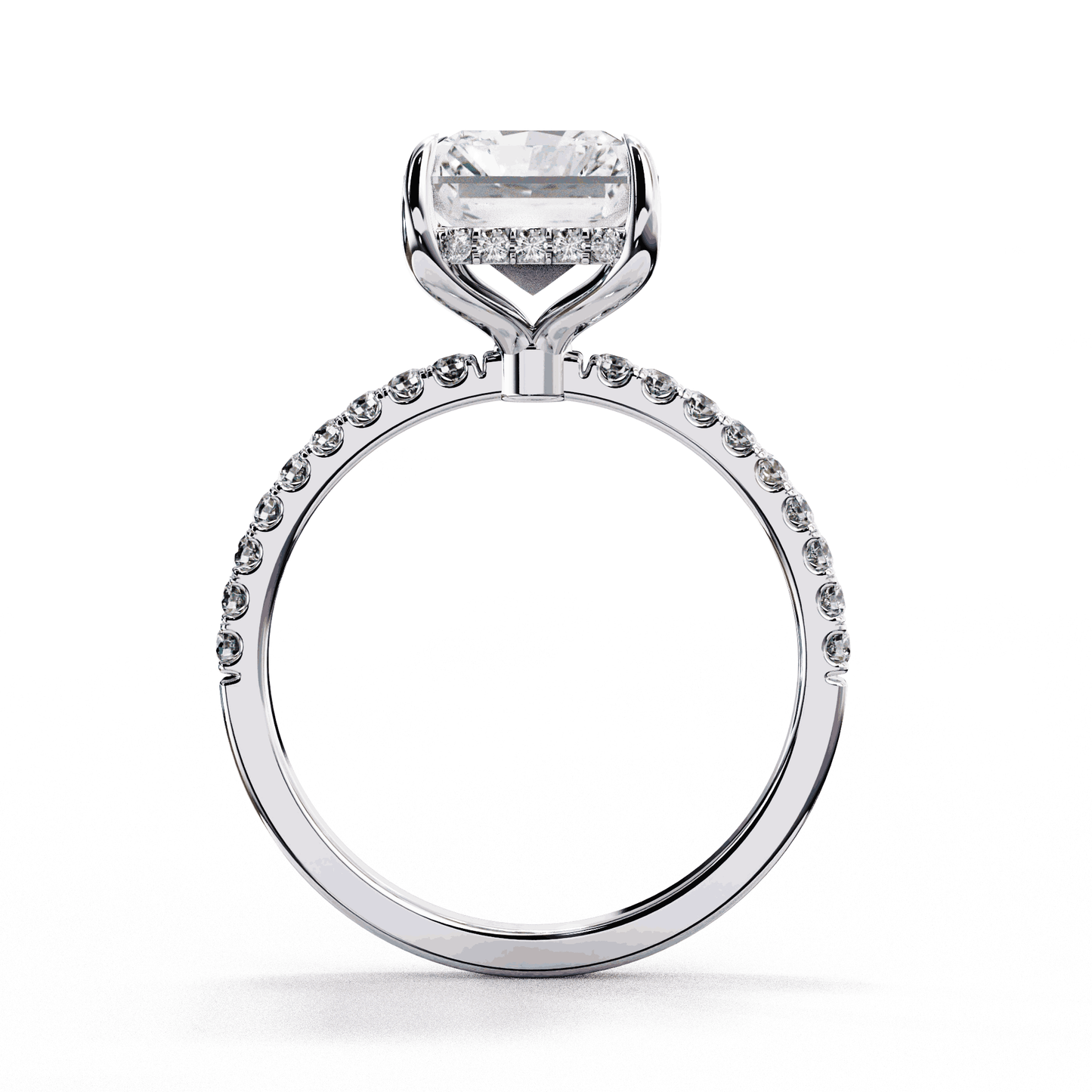 Radiant Cut Lab Grown Diamond Hidden Halo Ring with Pavé Band