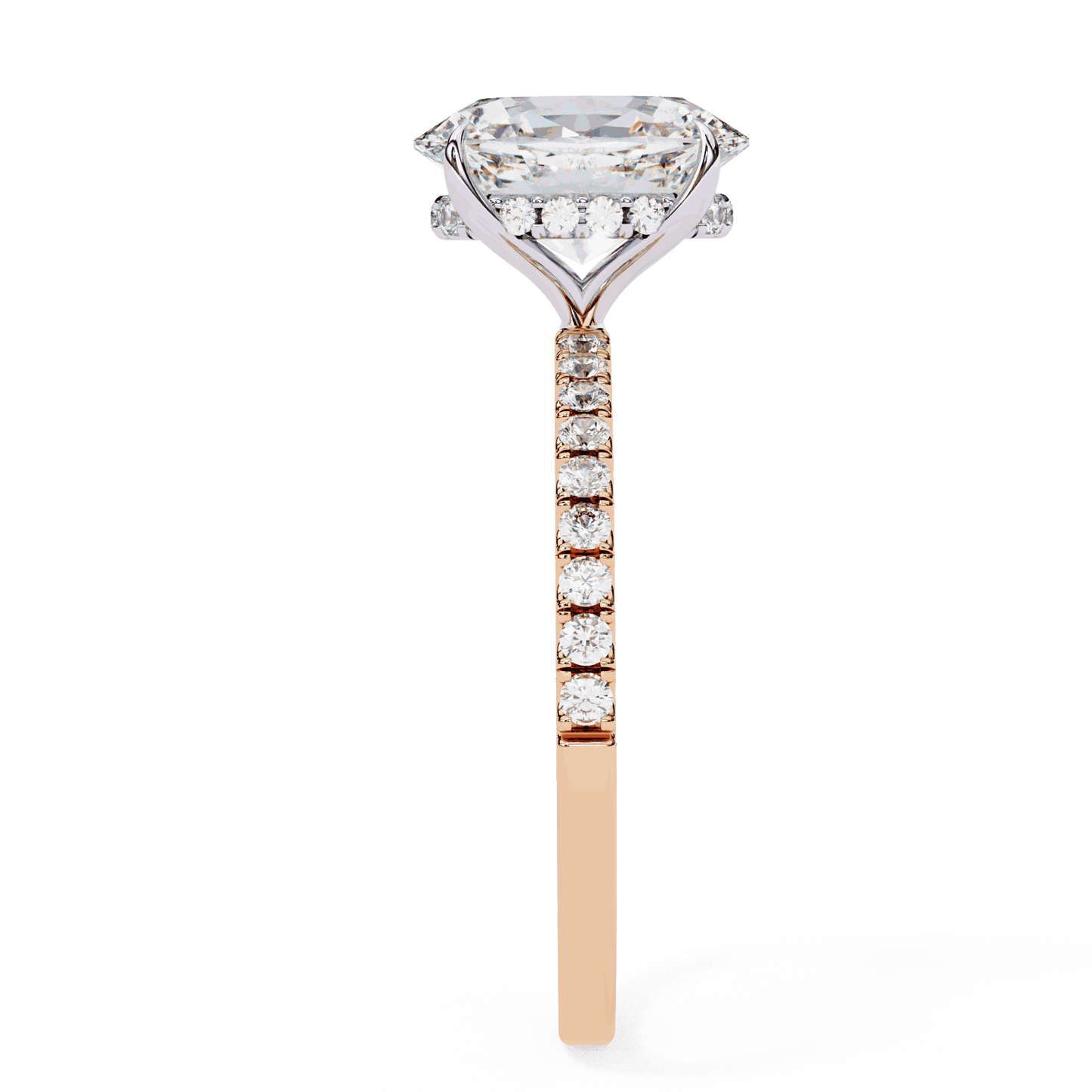 Oval Cut Lab Grown Diamond Pave Engagement Ring with Hidden Halo and French Pave Shank