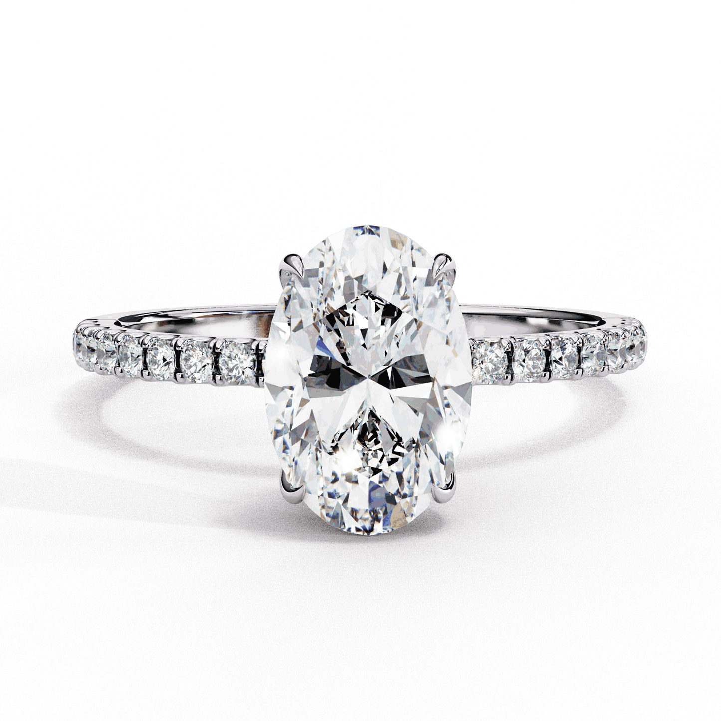 Oval Cut Lab Grown Diamond Pave Engagement Ring with Hidden Halo and French Pave Shank