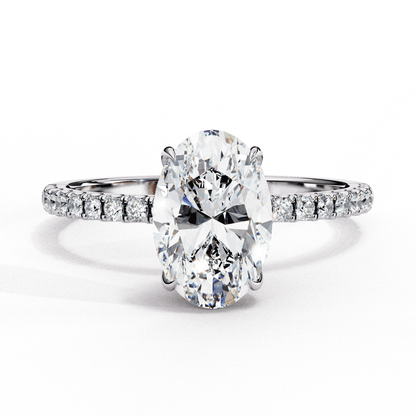 Oval Cut Lab Grown Diamond Pave Engagement Ring with Hidden Halo and French Pave Shank