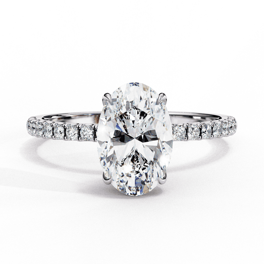 Oval Cut Lab Grown Diamond Pave Engagement Ring with Hidden Halo and French Pave Shank