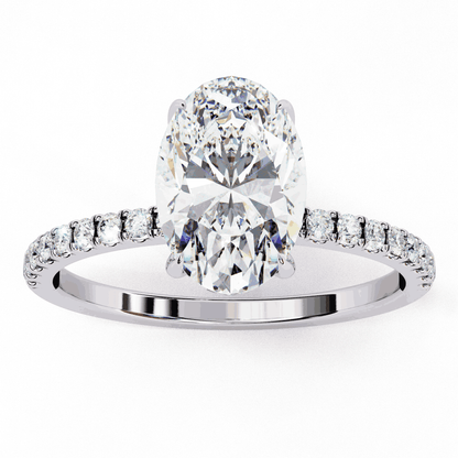 Oval Cut Lab Grown Diamond Pave Engagement Ring with Hidden Halo and French Pave Shank