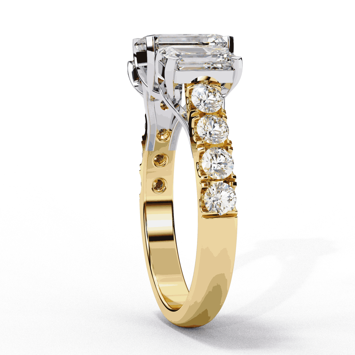 Emerald Cut Lab Grown Diamond Three Stone Ring with Accented Band