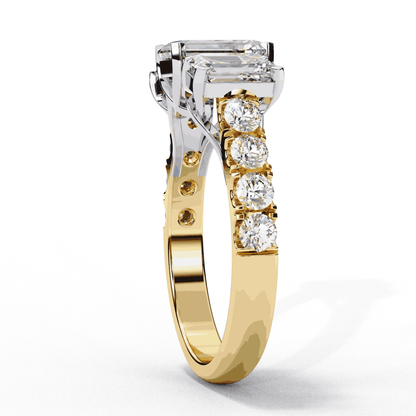 Emerald Cut Lab Grown Diamond Three Stone Ring with Accented Band