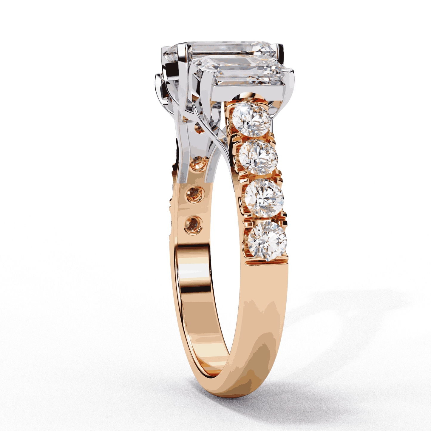 Emerald Cut Lab Grown Diamond Three Stone Ring with Accented Band