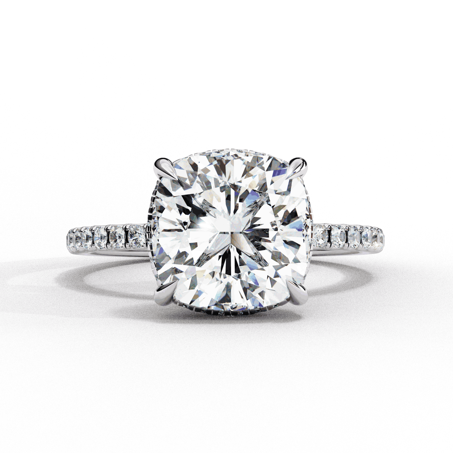Cushion Cut Lab Grown Diamond Pave Engagement Ring with Hidden Halo and Knife-Edge Band