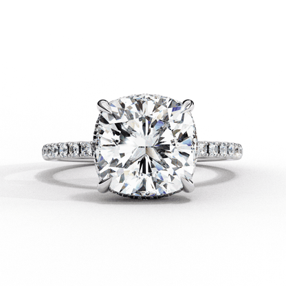 Cushion Cut Lab Grown Diamond Pave Engagement Ring with Hidden Halo and Knife-Edge Band