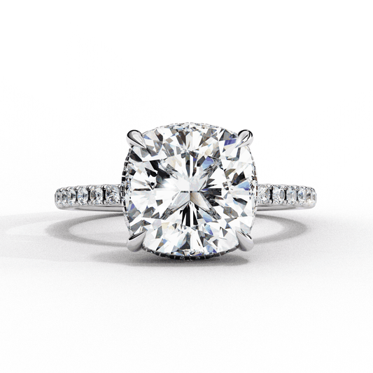 Cushion Cut Lab Grown Diamond Pave Engagement Ring with Hidden Halo and Knife-Edge Band