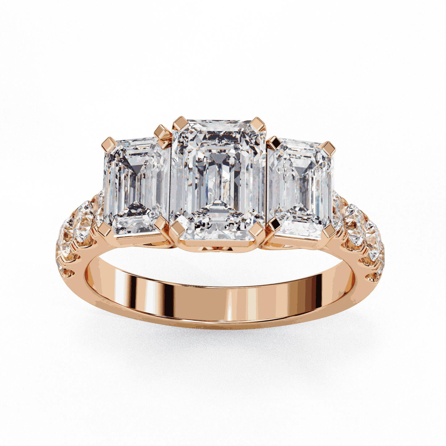 Emerald Cut Lab Grown Diamond Three Stone Ring with Accented Band