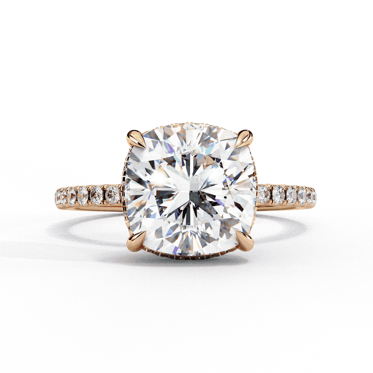 Cushion Cut Lab Grown Diamond Pave Engagement Ring with Hidden Halo and Knife-Edge Band