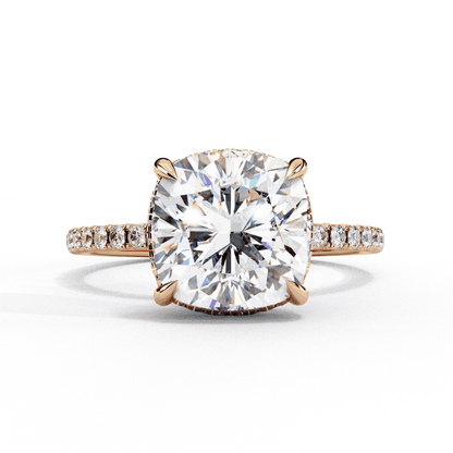 Cushion Cut Lab Grown Diamond Pave Engagement Ring with Hidden Halo and Knife-Edge Band