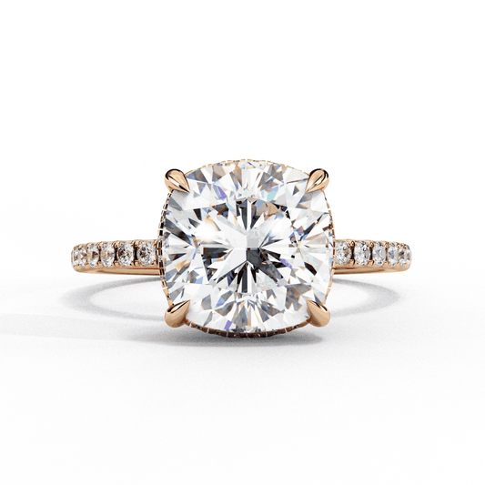 Cushion Cut Lab Grown Diamond Pave Engagement Ring with Hidden Halo and Knife-Edge Band