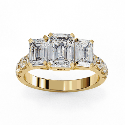 Emerald Cut Lab Grown Diamond Three Stone Ring with Accented Band