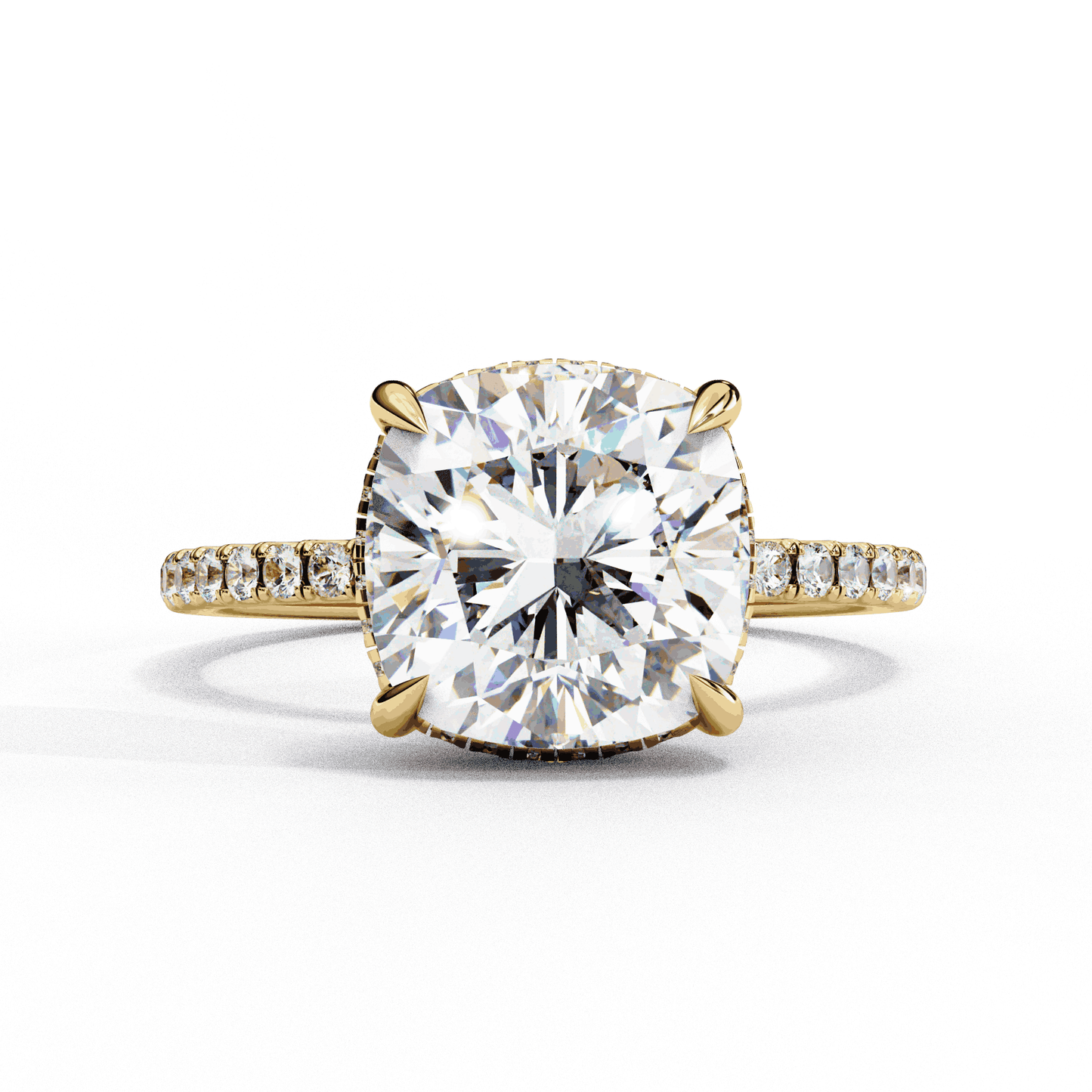 Cushion Cut Lab Grown Diamond Pave Engagement Ring with Hidden Halo and Knife-Edge Band