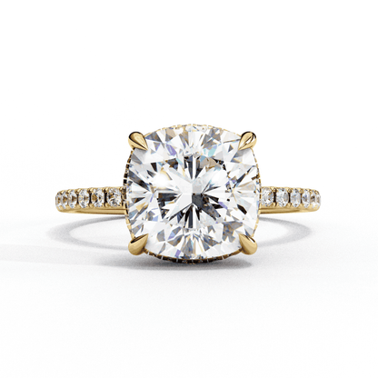Cushion Cut Lab Grown Diamond Pave Engagement Ring with Hidden Halo and Knife-Edge Band