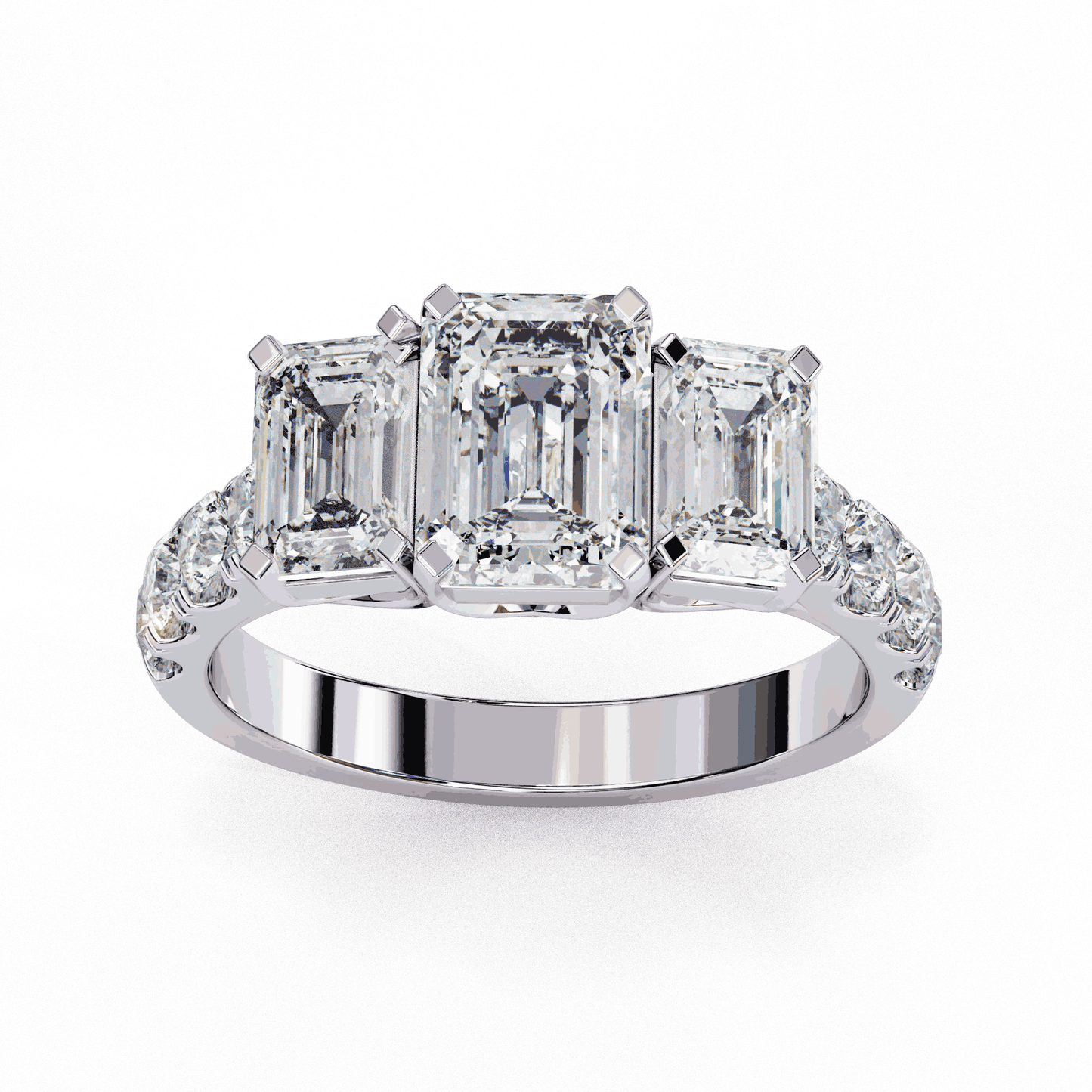 Emerald Cut Lab Grown Diamond Three Stone Ring with Accented Band