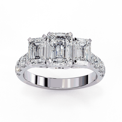 Emerald Cut Lab Grown Diamond Three Stone Ring with Accented Band