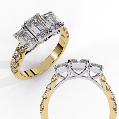 Emerald Cut Lab Grown Diamond Three Stone Ring with Accented Band