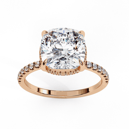 Cushion Cut Lab Grown Diamond Pave Engagement Ring with Hidden Halo and Knife-Edge Band