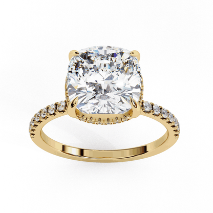 Cushion Cut Lab Grown Diamond Pave Engagement Ring with Hidden Halo and Knife-Edge Band