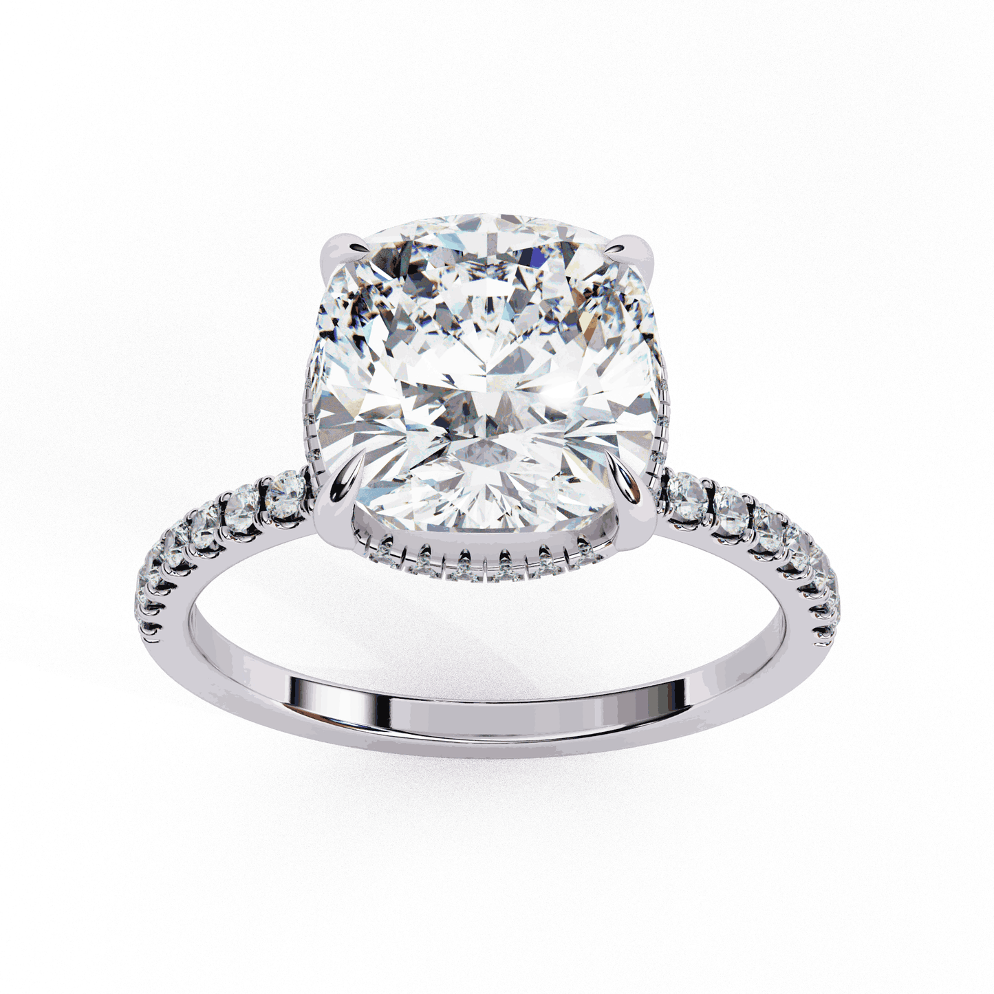 Cushion Cut Lab Grown Diamond Pave Engagement Ring with Hidden Halo and Knife-Edge Band