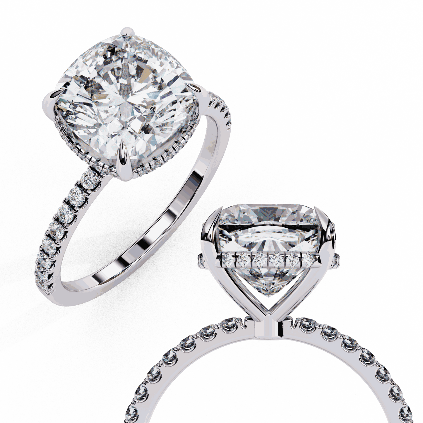 Cushion Cut Lab Grown Diamond Pave Engagement Ring with Hidden Halo and Knife-Edge Band