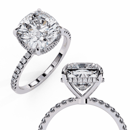 Cushion Cut Lab Grown Diamond Pave Engagement Ring with Hidden Halo and Knife-Edge Band