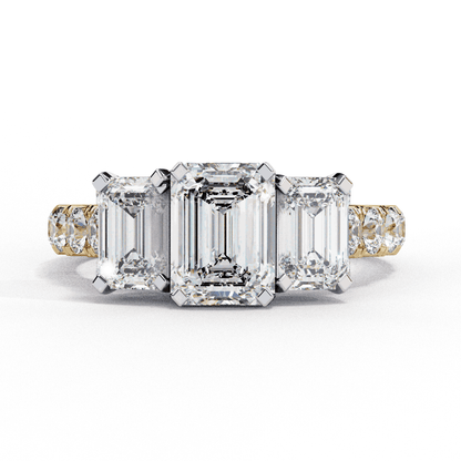 Emerald Cut Lab Grown Diamond Three Stone Ring with Accented Band