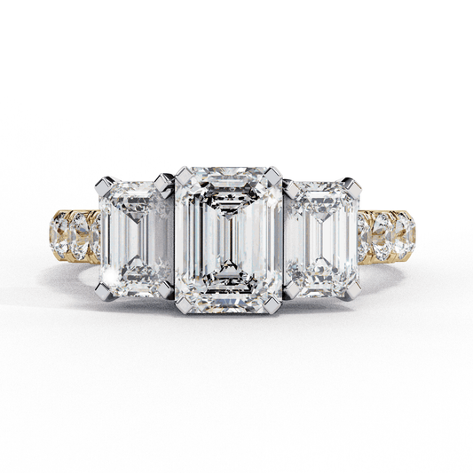Emerald Cut Lab Grown Diamond Three Stone Ring with Accented Band