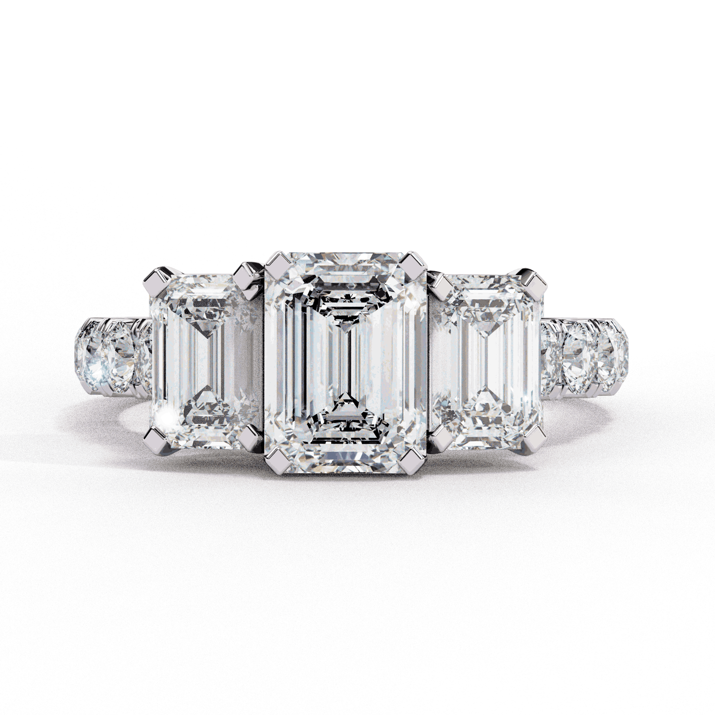 Emerald Cut Lab Grown Diamond Three Stone Ring with Accented Band