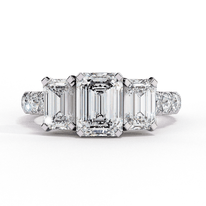 Emerald Cut Lab Grown Diamond Three Stone Ring with Accented Band