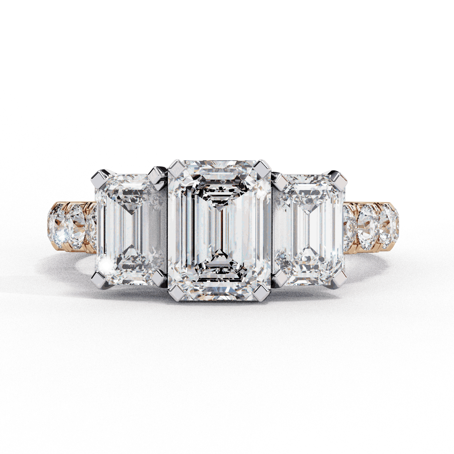 Emerald Cut Lab Grown Diamond Three Stone Ring with Accented Band