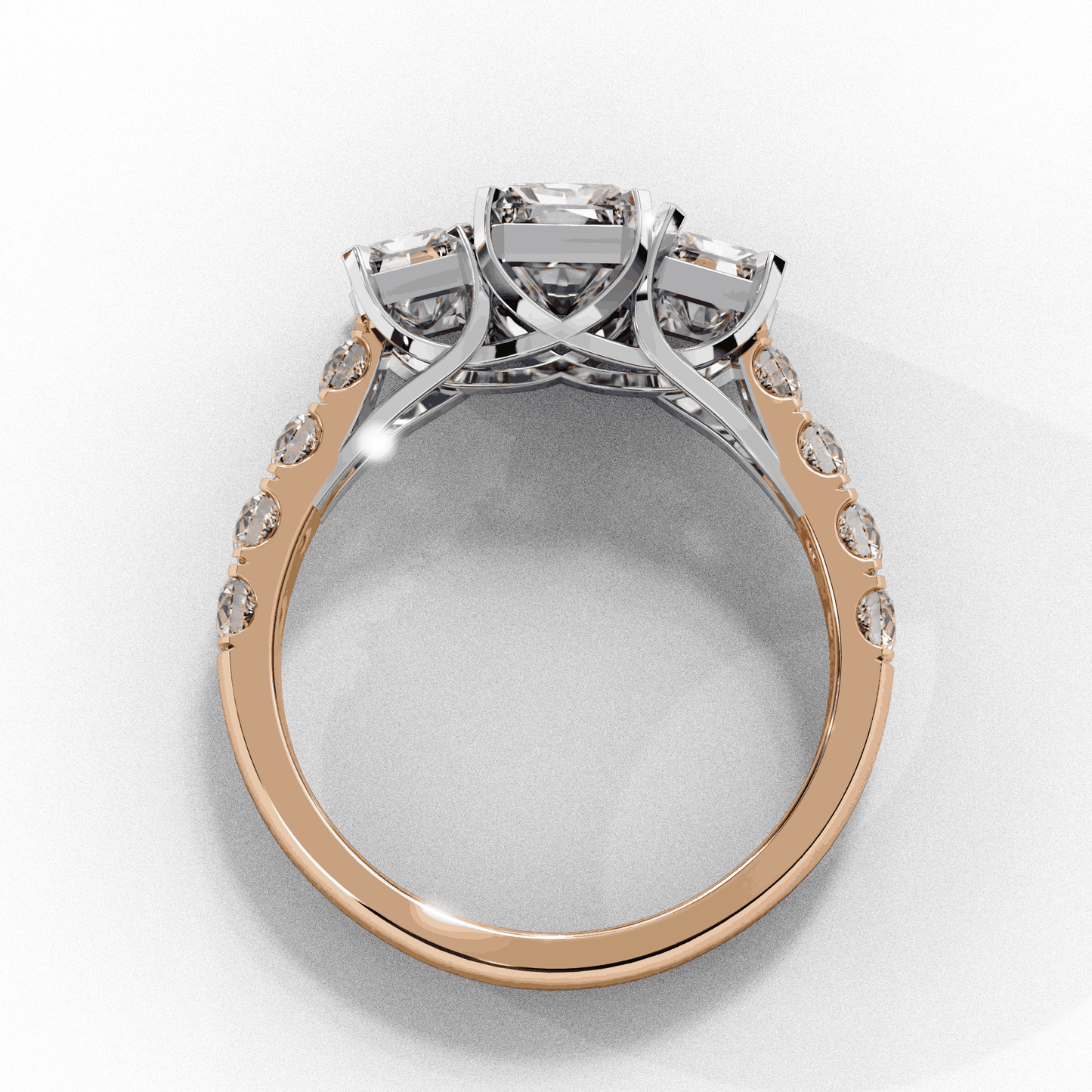 Emerald Cut Lab Grown Diamond Three Stone Ring with Accented Band