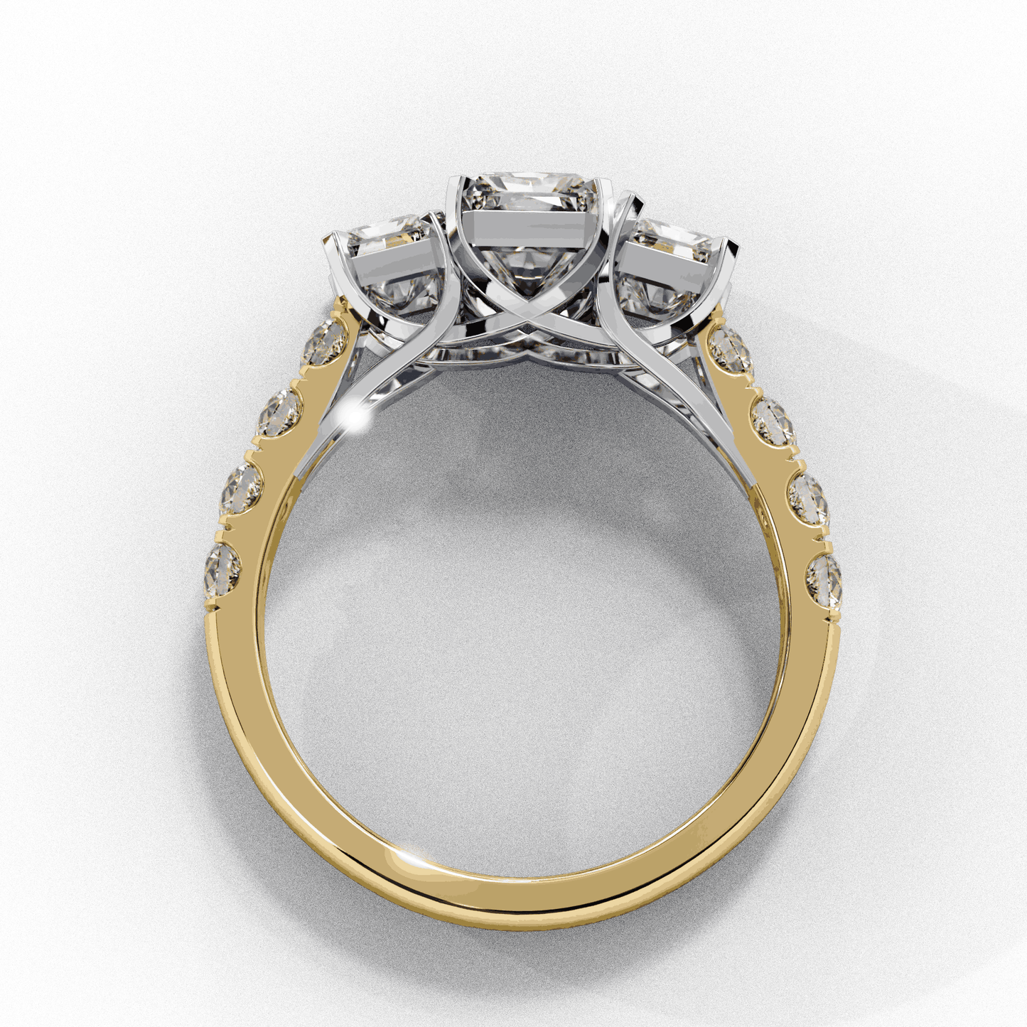Emerald Cut Lab Grown Diamond Three Stone Ring with Accented Band