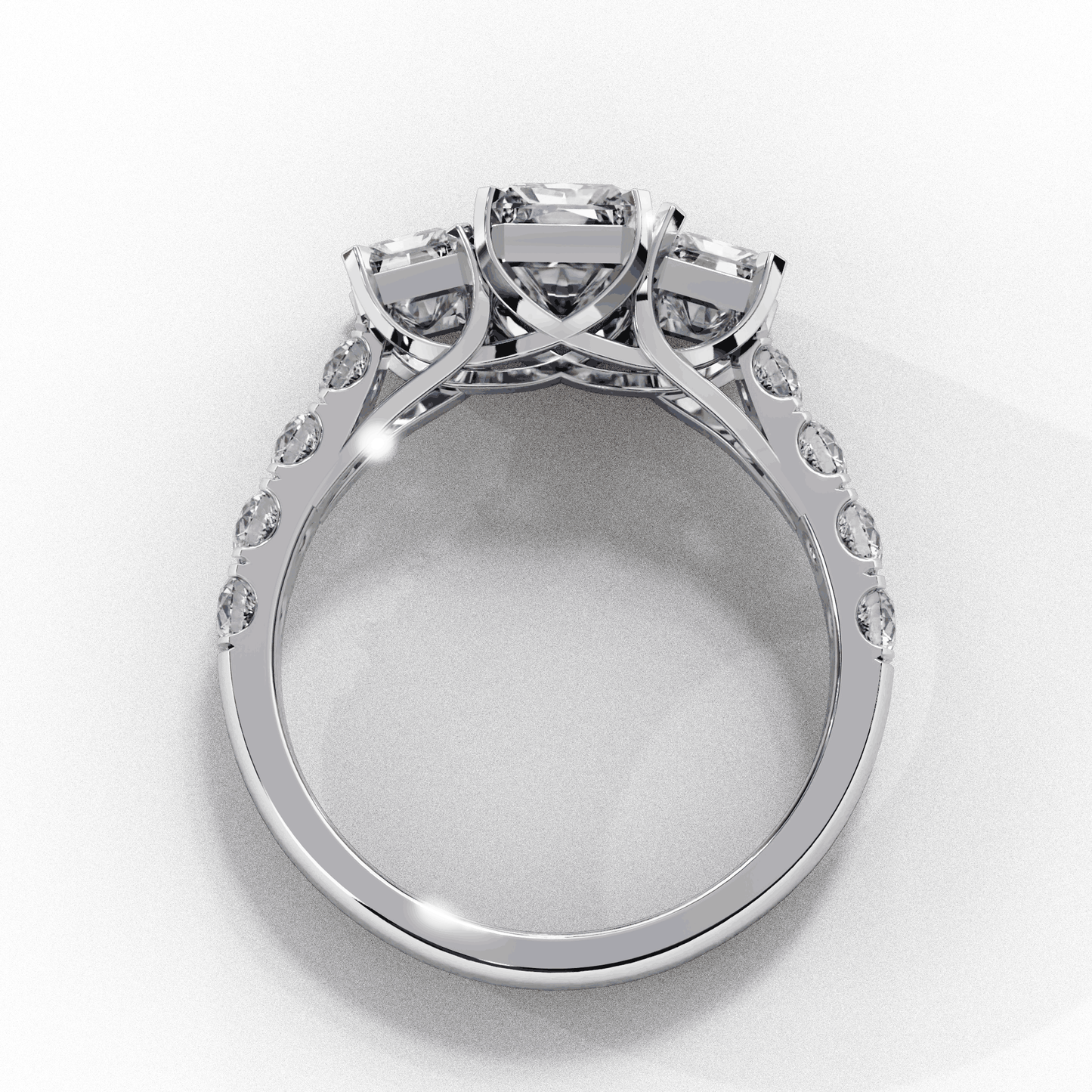 Emerald Cut Lab Grown Diamond Three Stone Ring with Accented Band