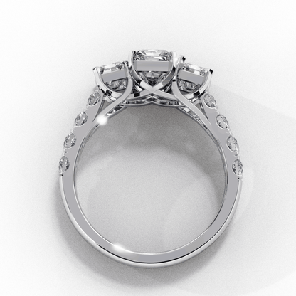 Emerald Cut Lab Grown Diamond Three Stone Ring with Accented Band