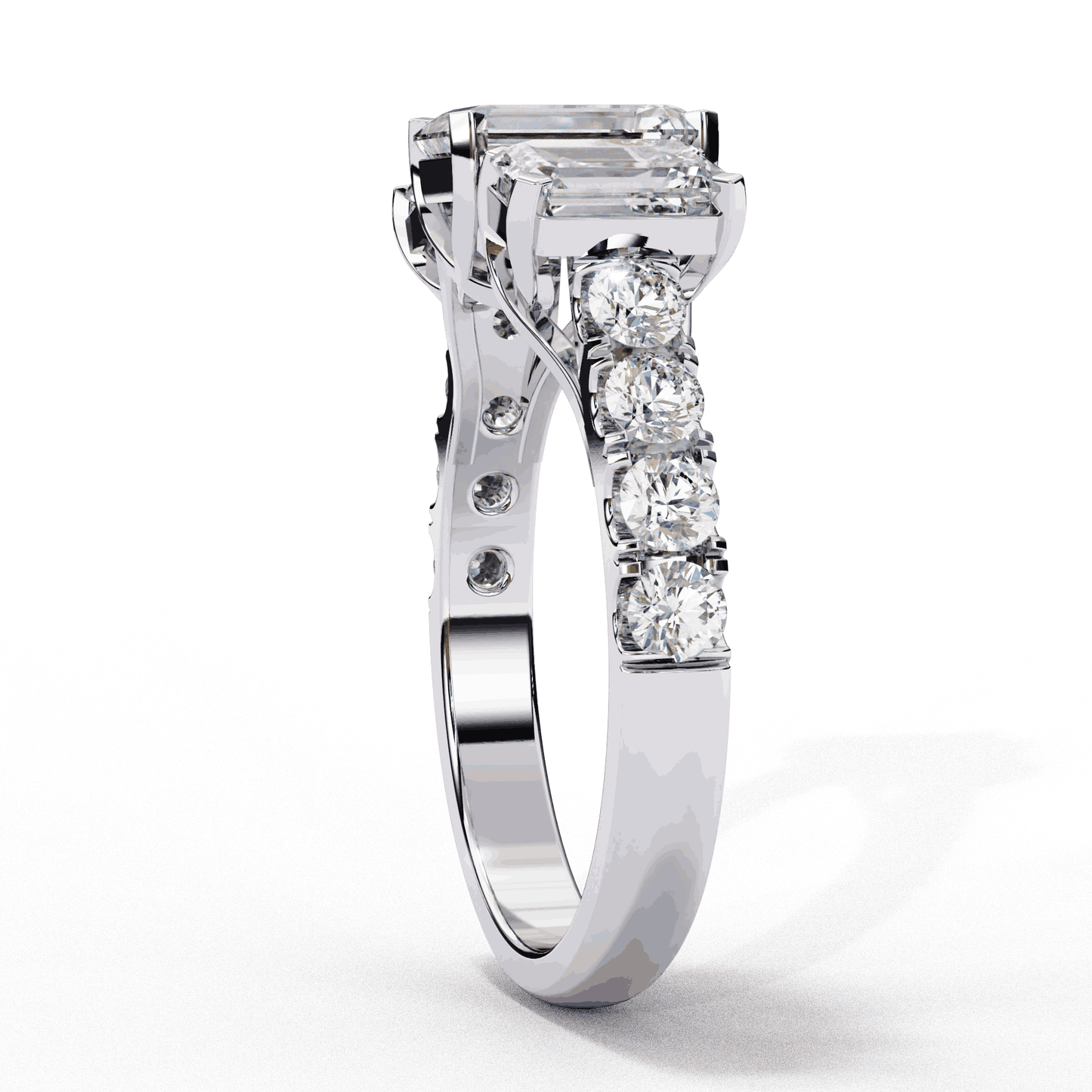 Emerald Cut Lab Grown Diamond Three Stone Ring with Accented Band