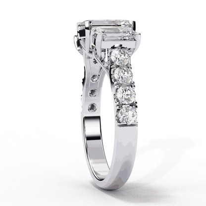 Emerald Cut Lab Grown Diamond Three Stone Ring with Accented Band
