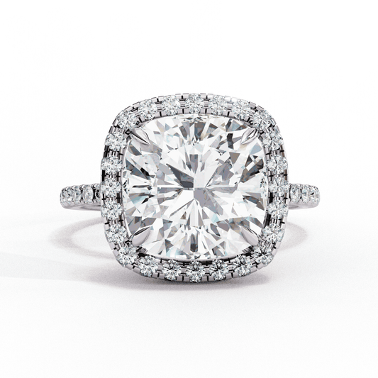 Cushion Cut Lab Grown Diamond Halo Engagement Ring with Open Gallery Pavé Basket